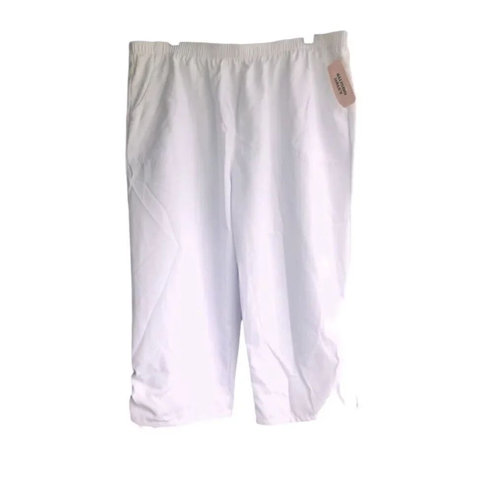 NWT Allison Daley Below-Knee White Pants Capris Elastic Waist Ruffle Legs String